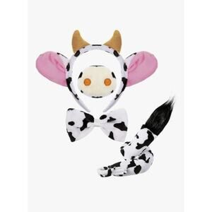 4 Pcs Animal Cow Costume Set Cow Ears Horns Headband Nose Bow Tie and Tail Kit